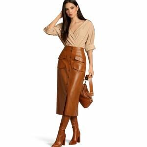 NWT Mare Mare x Anthropologie Faux Leather Midi Skirt Women L Brown Button Front